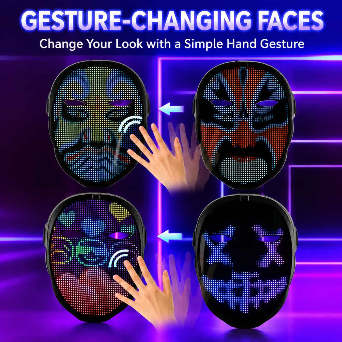 Gesture control face transforming LED mask with induction sensor for hands-free face switching