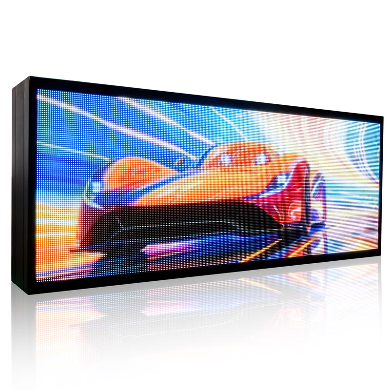 LED display with a colorful car design on a white background