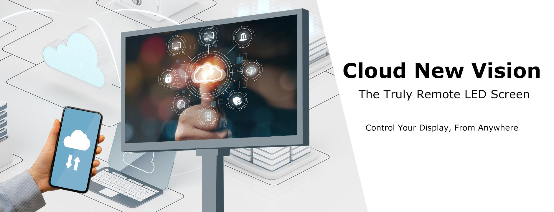 Grid of outdoor LED billboard screens displaying colorful content - Leadleds cloud-controlled LED signs trusted by 10000 businesses worldwide