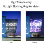 Comparison of a building's transparency when unlit versus when lit, highlighting 'High Transparency' and 'No Light Blocking, Brighter Vision'.