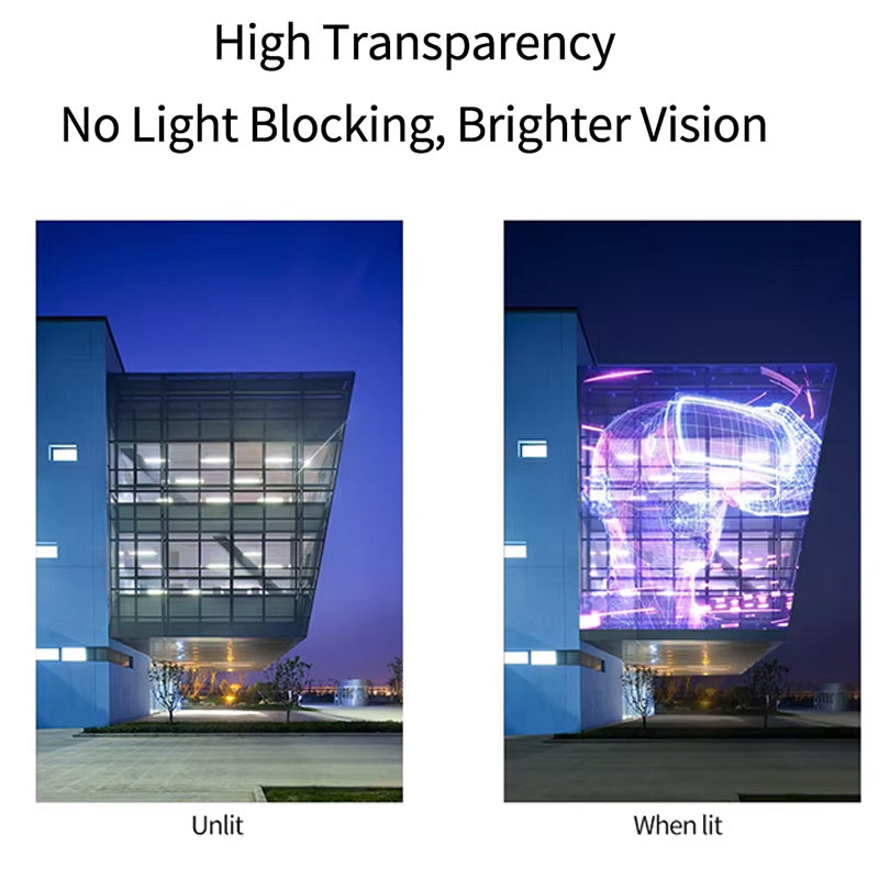 Comparison of a building's transparency when unlit versus when lit, highlighting 'High Transparency' and 'No Light Blocking, Brighter Vision'.