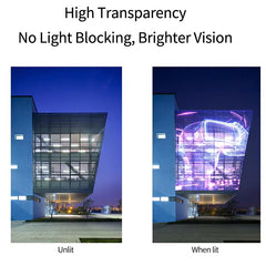 Comparison of a building's transparency when unlit versus when lit, highlighting 'High Transparency' and 'No Light Blocking, Brighter Vision'.