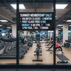 LED window display in fitness gym showing membership offers