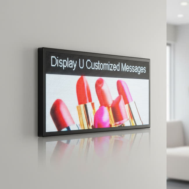 square LED window sign with black metal frame displaying vibrant colorful content Main image