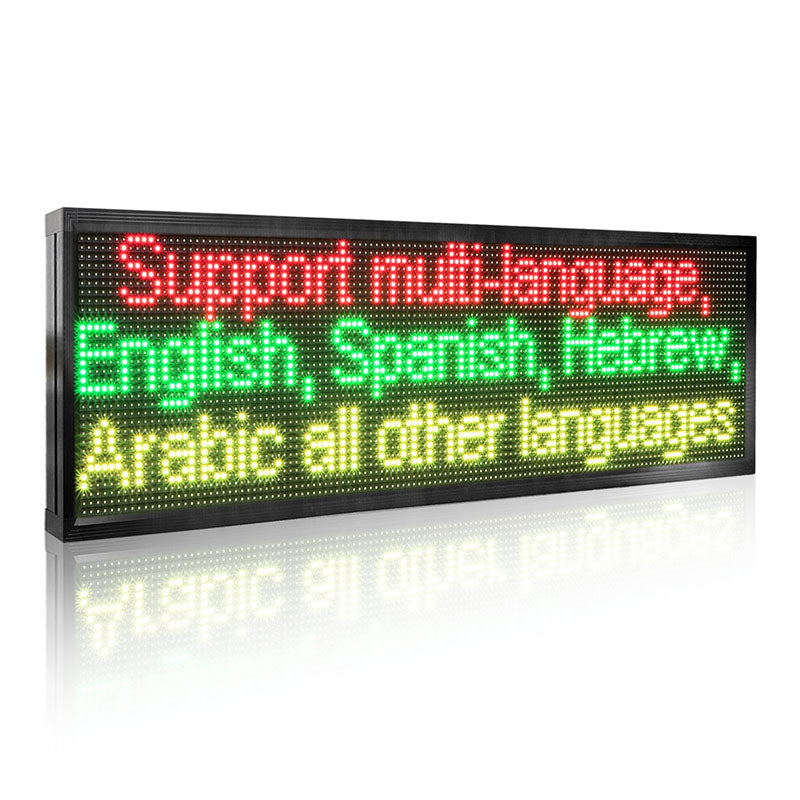 LED display board with text supporting multiple languages on a white background