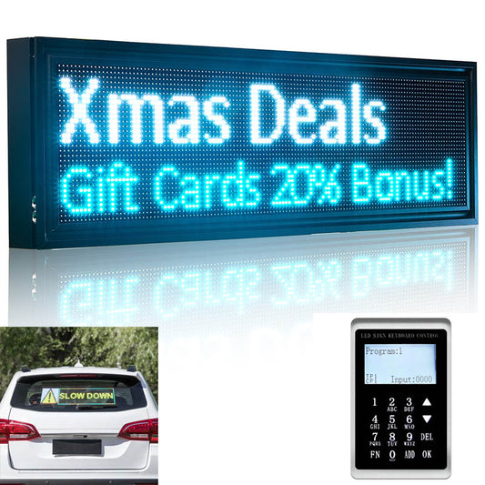 LED sign displaying 'Xmas Deals Gift Cards 20% Bonus!' with a remote control 