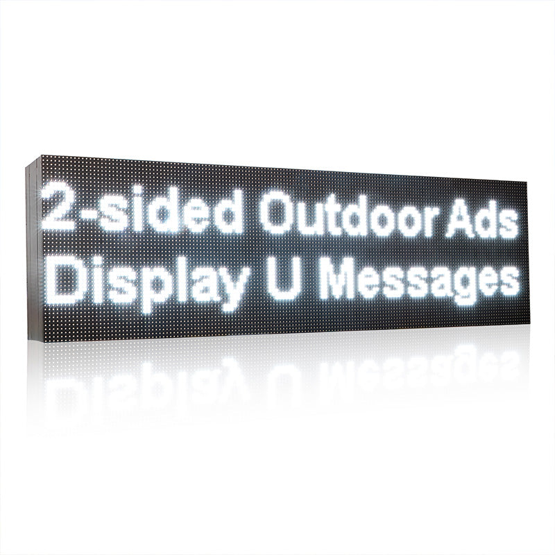 LED sign displaying '2-sided Outdoor Ads Display U Messages' on a white background