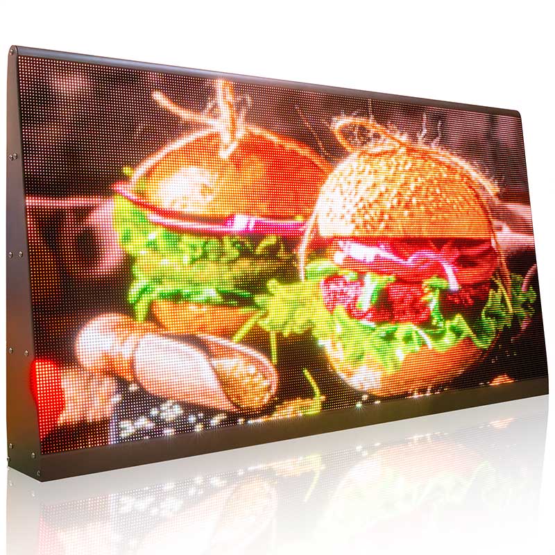 LED display screen showing a digital image of a burger with flames