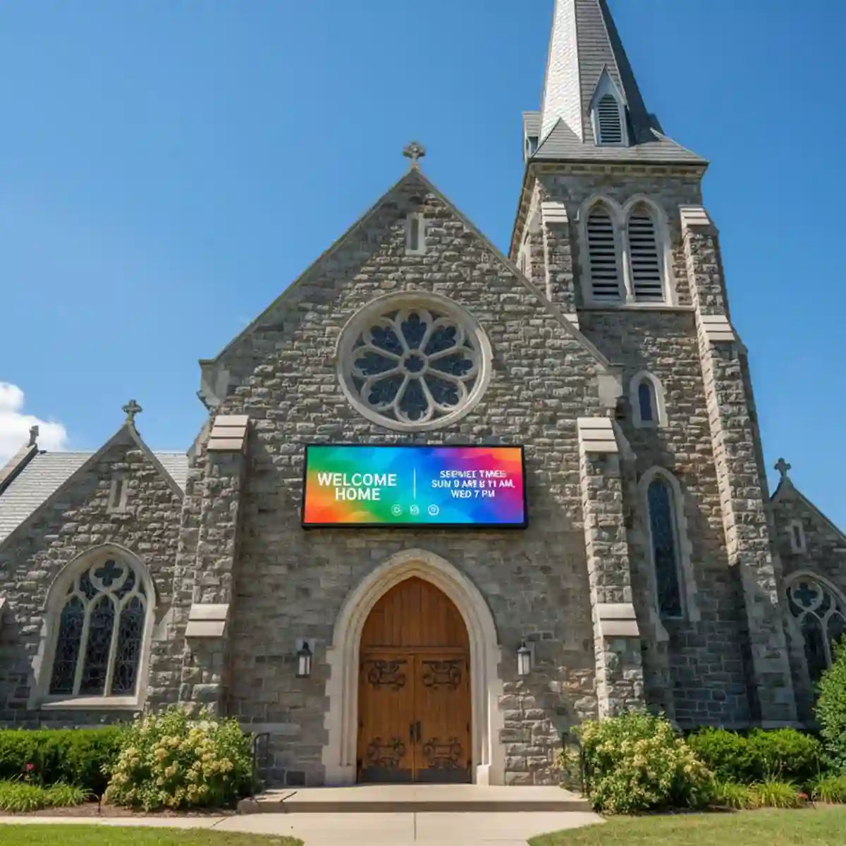 Stone church with a digital display screen