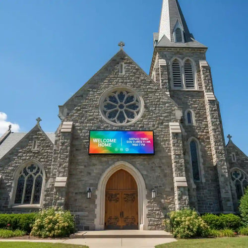 Stone church with a digital display screen
