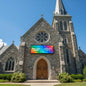 Stone church with a digital display screen