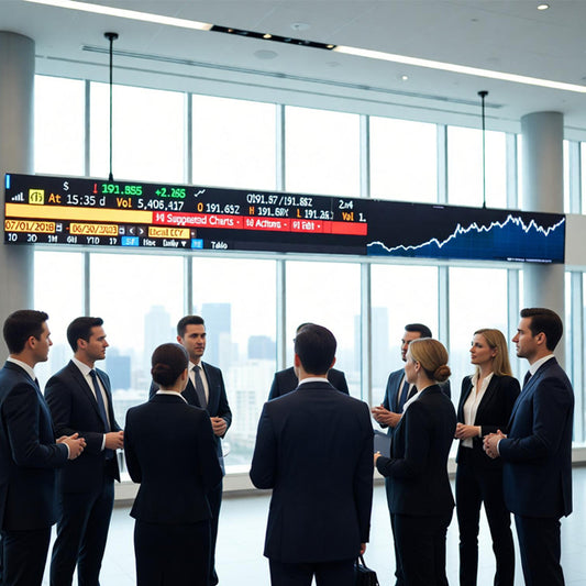 Group of business professionals observing a stock market board in a modern office setting.