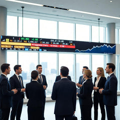 Group of business professionals observing a stock market board in a modern office setting.