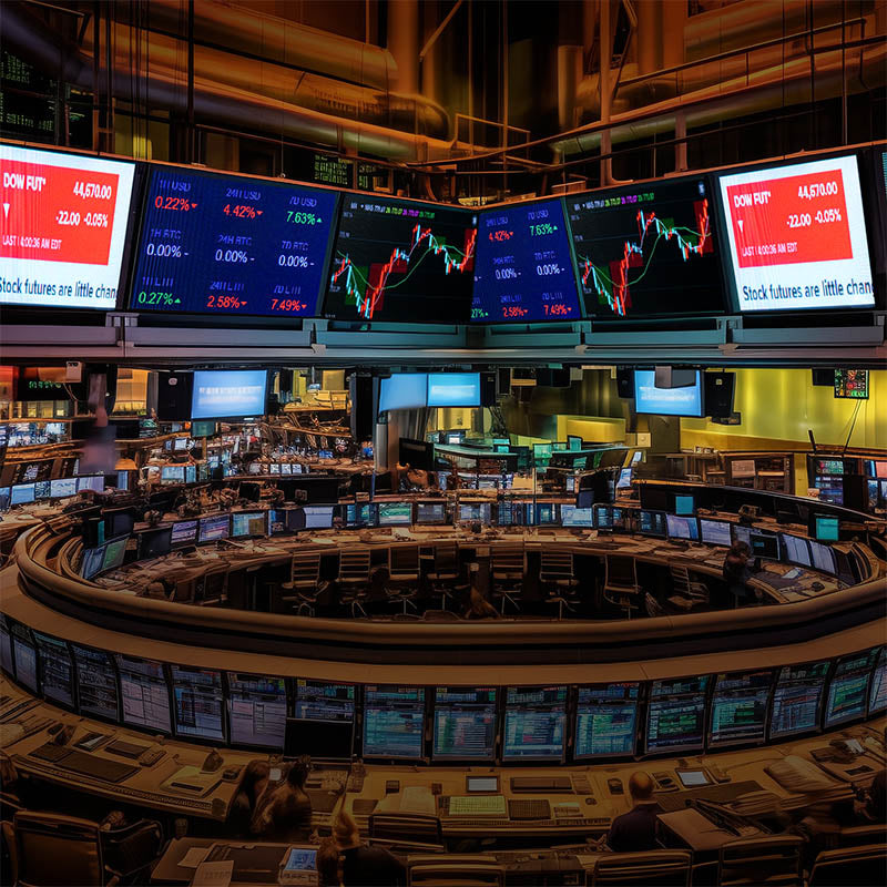 Stock exchange trading floor with multiple monitors displaying financial data