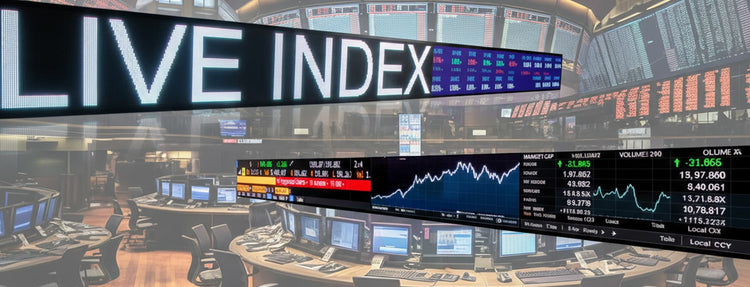 Stock exchange floor with 'Live Index' display and trading screens.