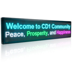 LED sign displaying 'Welcome to CD1 Community Peace, Prosperity, and Happiness' on a white background