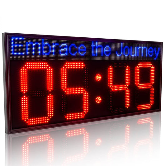 Digital clock with 'Embrace the Journey' text on a white background