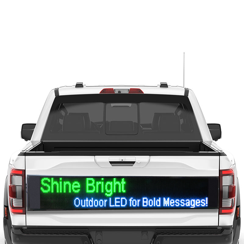 White truck with an outdoor LED sign displaying 'Shine Bright' and 'Outdoor LED for Bold Messages!'.