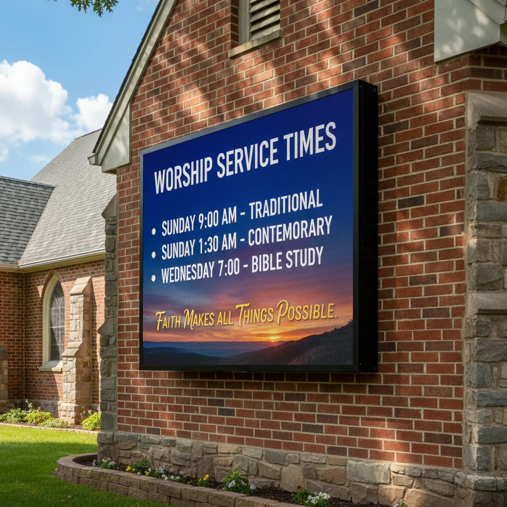 Leadleds P10 outdoor LED display installed on church exterior wall