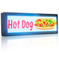 Leadleds P5 outdoor programmable LED sign showing Hot Dog promotional text and colorful graphic illustration