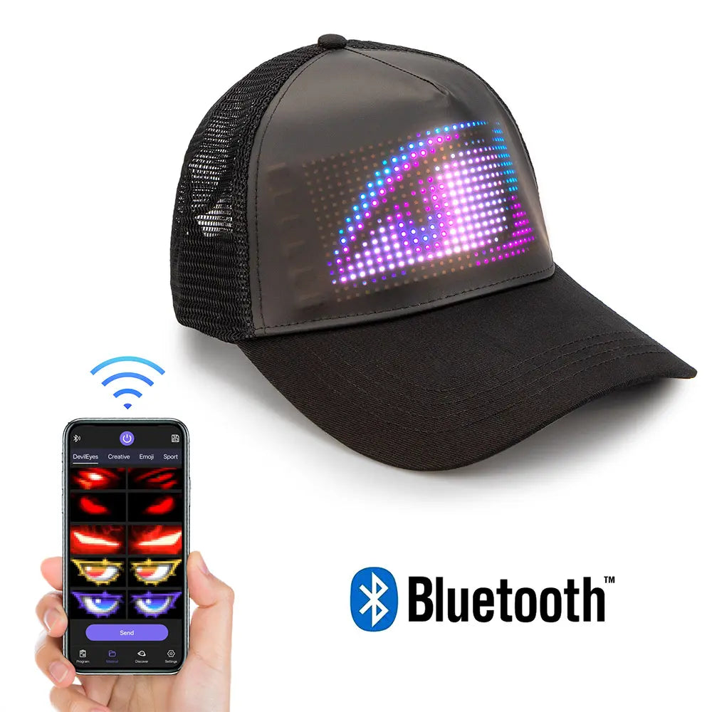 Leadleds Programmable LED Baseball Cap Bluetooth App Controlled Scrolling Display Hat 7 Colors Black Trucker Style
