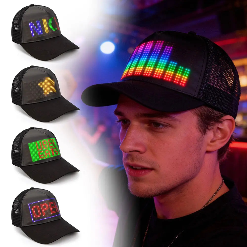 Leadleds Smart LED Cap Displaying Countdown Timer Clock Bluetooth App Programmable Black Mesh Trucker Hat