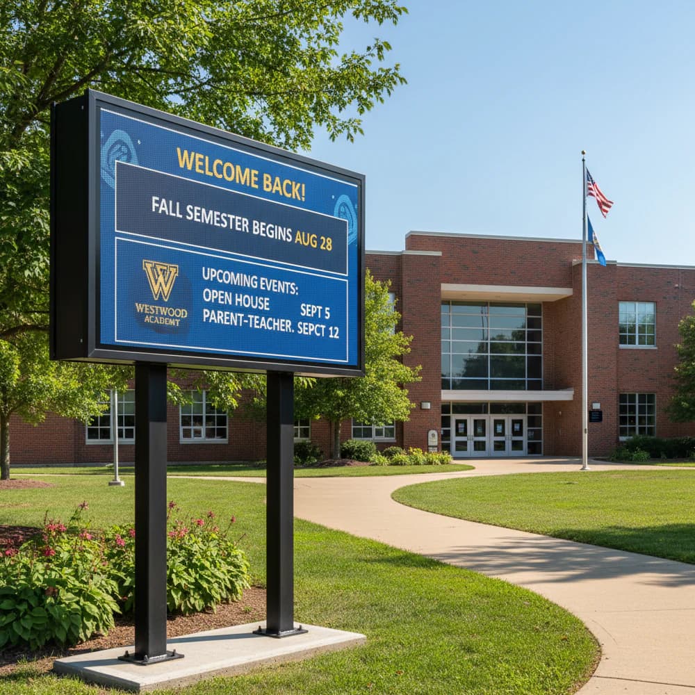 Leadleds outdoor LED sign at school entrance showing announcements
