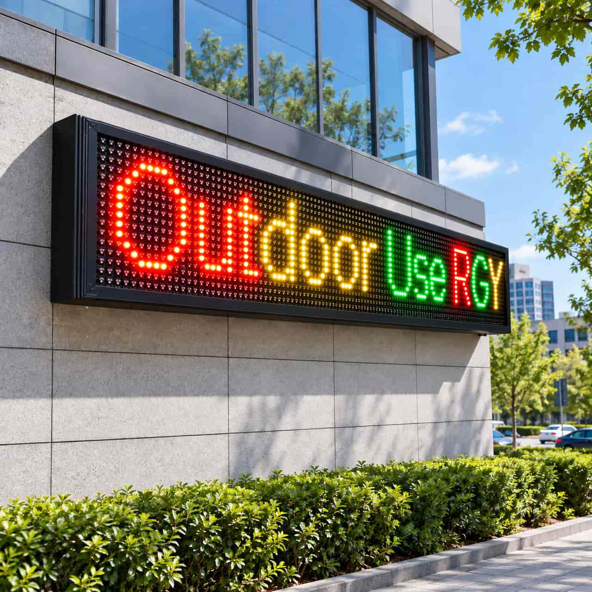 Front view of Leadleds outdoor WiFi LED display showing smartphone app wireless message programming