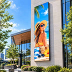 Leadleds outdoor commercial P4 full color LED sign 7.87x2.1 ft showing dynamic promotional video and text advertising for storefront business