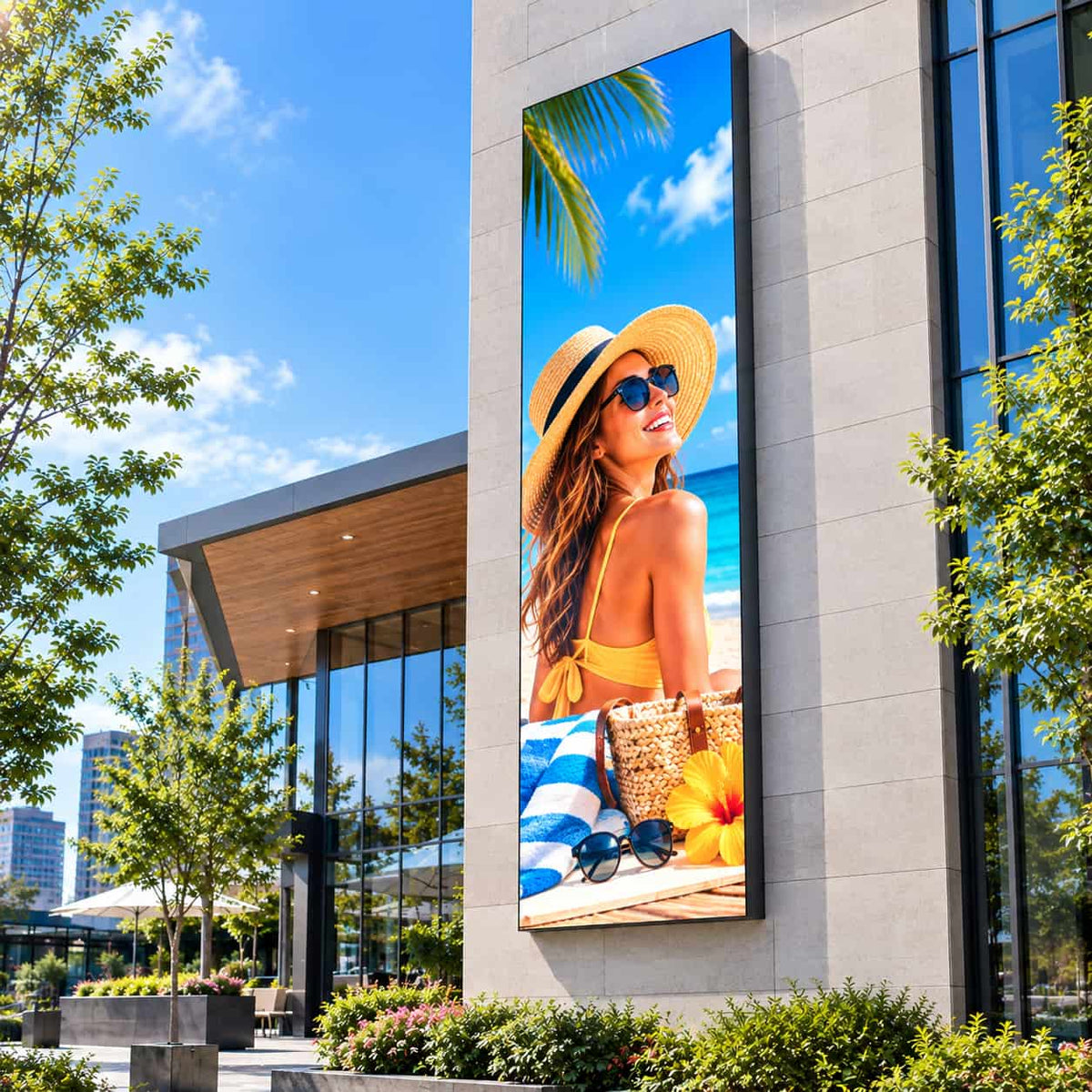 Leadleds outdoor commercial P4 full color LED sign 7.87x2.1 ft showing dynamic promotional video and text advertising for storefront business