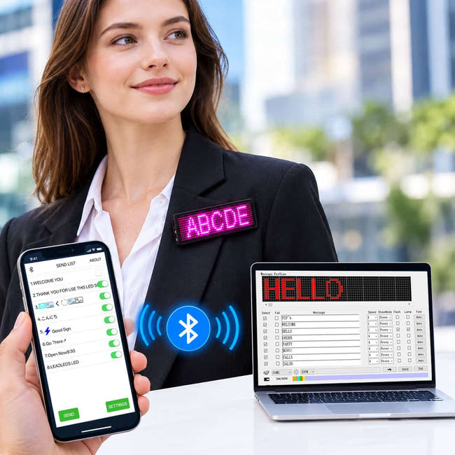 Leadleds programmable LED name badge worn on suit lapel displaying pink text, configured wirelessly via Bluetooth smartphone app and PC software Main image