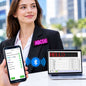 Leadleds programmable LED name badge worn on suit lapel displaying pink text, configured wirelessly via Bluetooth smartphone app and PC software