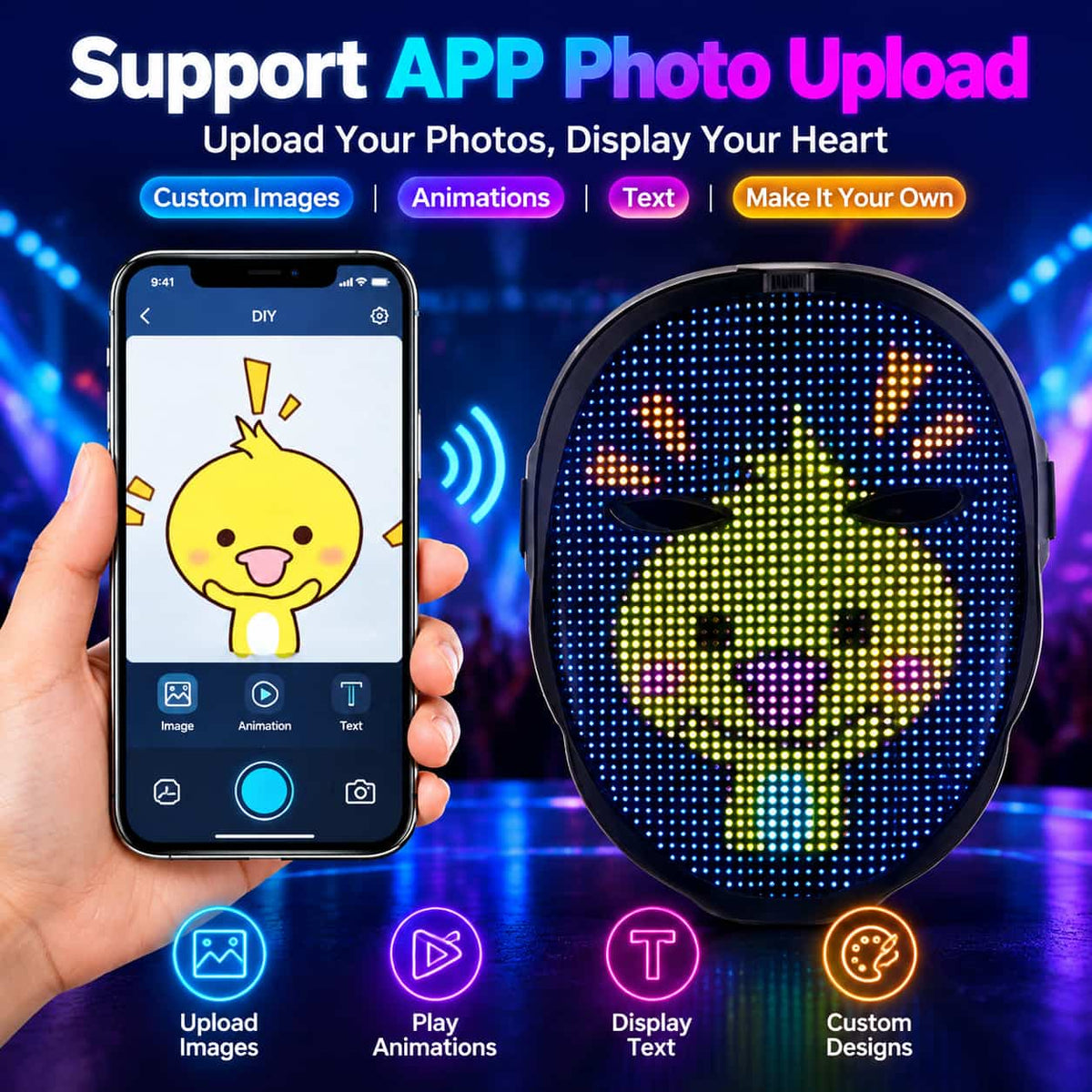 Leadleds programmable luminous party mask showcasing multi-color animated digital expressions