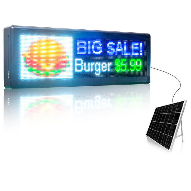 Leadleds solar-powered outdoor P5 LED sign connected to solar panel displaying full-color burger graphics and price promotion Zweitbild