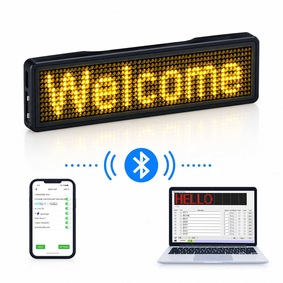 Leadleds yellow LED scrolling message badge displaying Welcome with Bluetooth mobile app and Windows PC programming setup