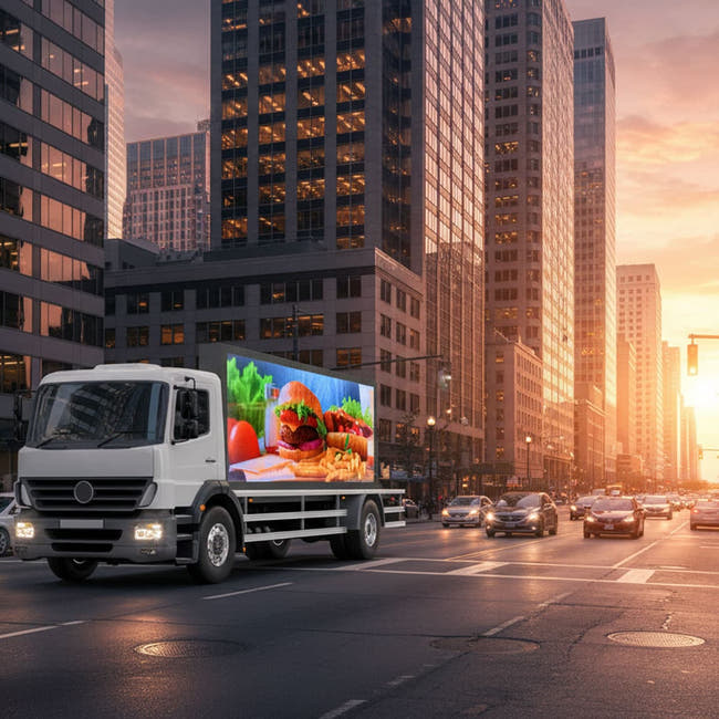 White truck with digital display showing food graphics on a city street at sunset. Secondary image