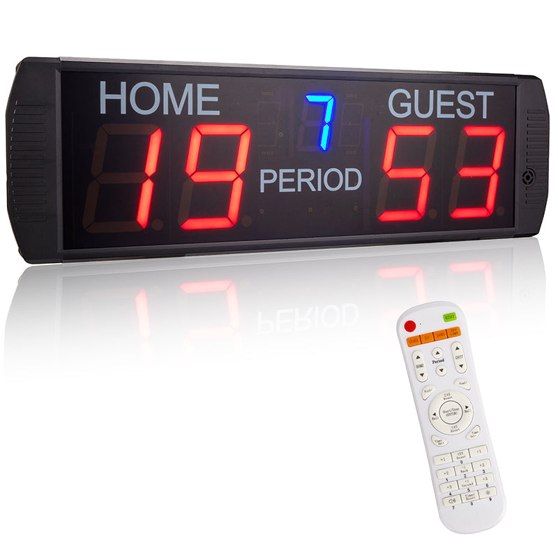 Digital scoreboard with LED display showing 'HOME', 'GUEST', and numbers, accompanied by a remote control.