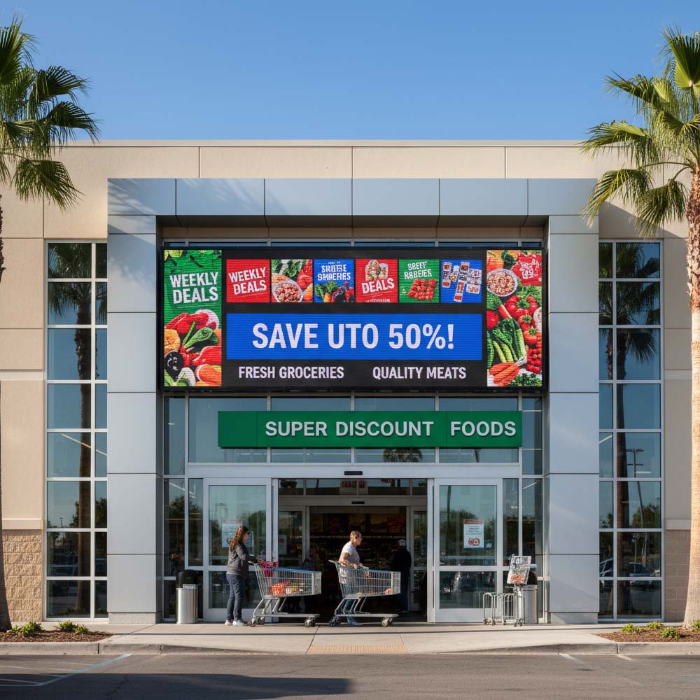 Outdoor LED Display Screen Installed at Retail Store Entrance
