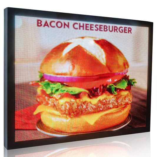 Digital display of a bacon cheeseburger with 'Bacon Cheeseburger' text above it.
