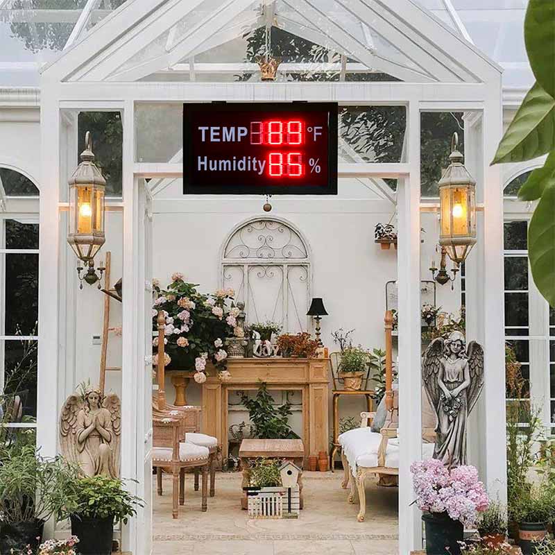 Outdoor LED digital thermometer sign Fahrenheit humidity display, bright red LED digits battery powered weatherproof