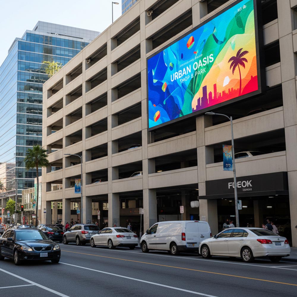 Multistory building with a large digital billboard displaying colorful graphics and text, with cars and pedestrians on the street below.
