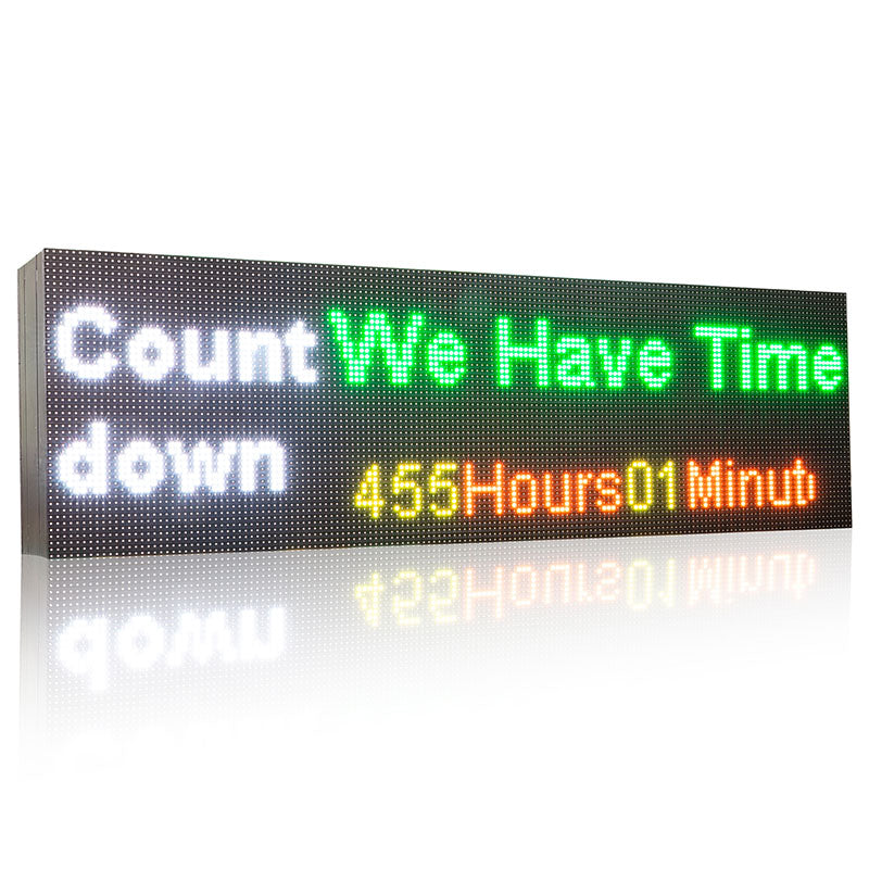 Digital countdown timer display with colorful text on a white background