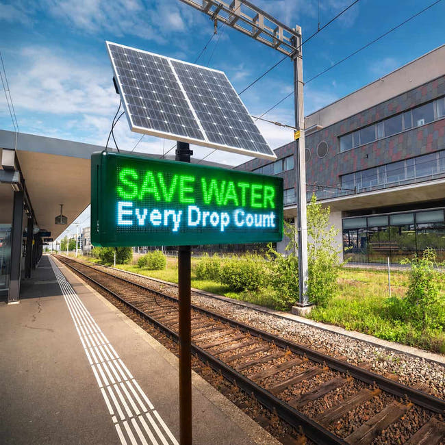 Pole-mounted solar-powered outdoor LED sign with top solar panel displaying Save Water message by railway platform Hauptbild