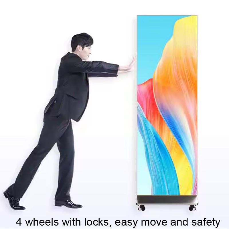 A man pushing a large LED poster display with wheels and locks