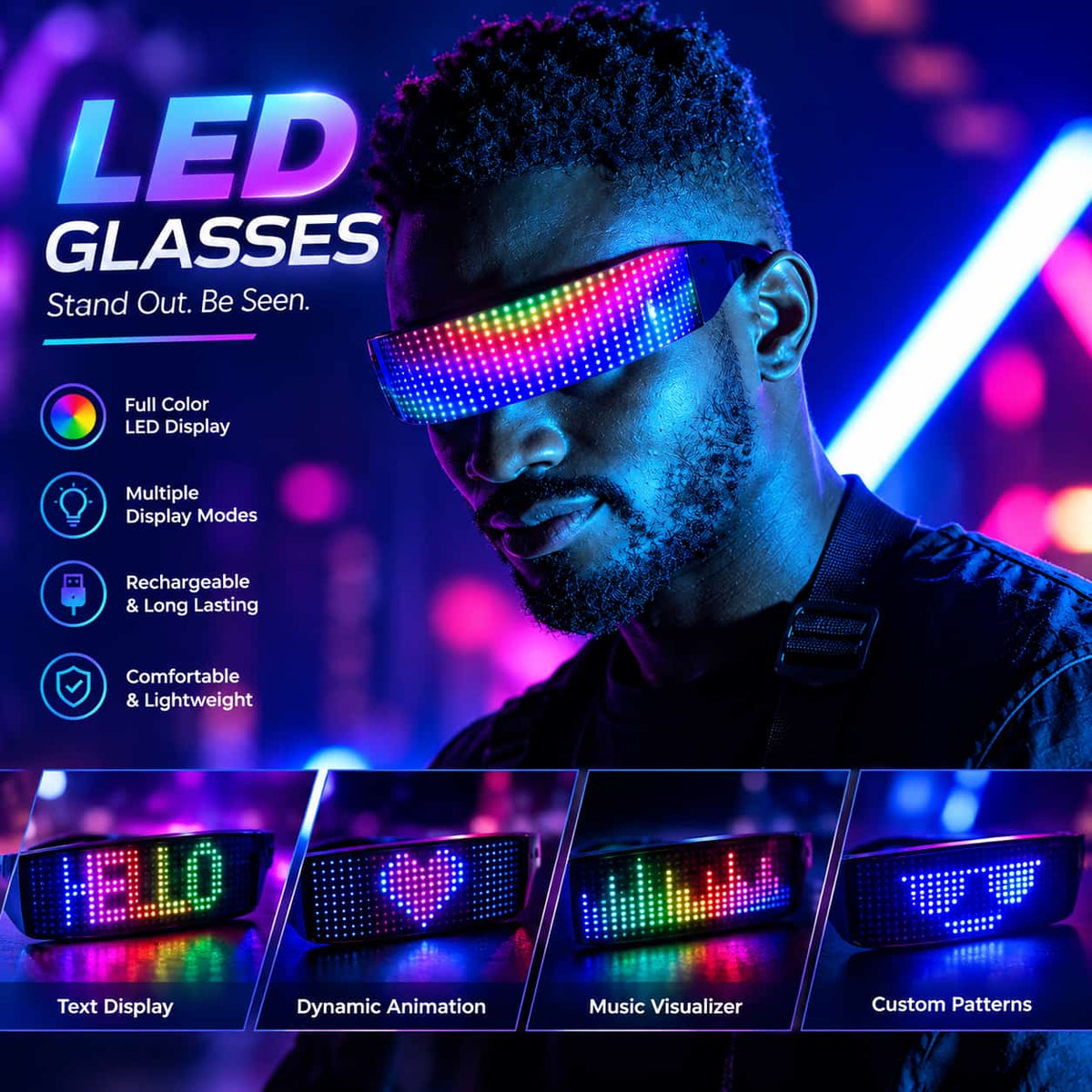 Programmable LED glasses for custom text and animations