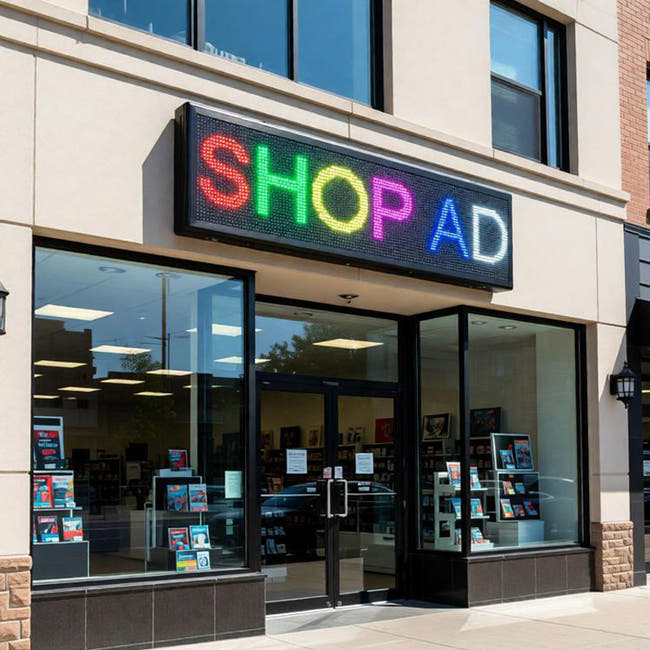 Storefront with a colorful LED sign displaying 'SHOP AD' above glass doors. Main image