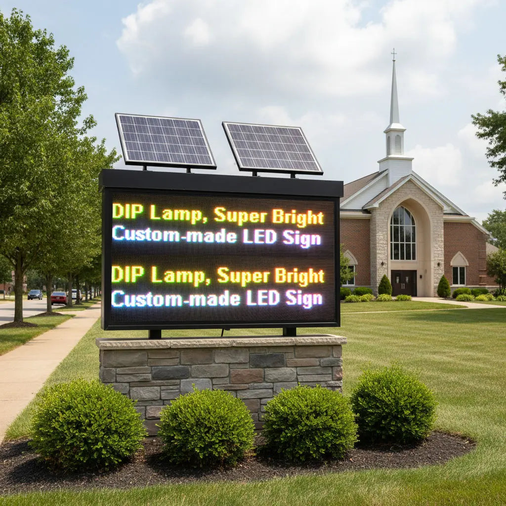 Outdoor solar powered programmable LED display sign by Leadleds, single or double sided, WiFi LAN 4G cloud control, full color DIP LED, 10mm pixel pitch