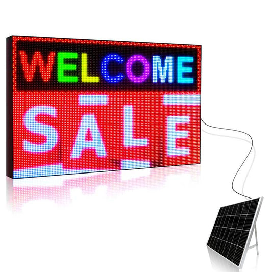 LED sign with 'WELCOME SALE' text and solar panel on a white background