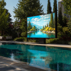 Outdoor screen displaying a scenic landscape by a poolside with trees and buildings in the background.