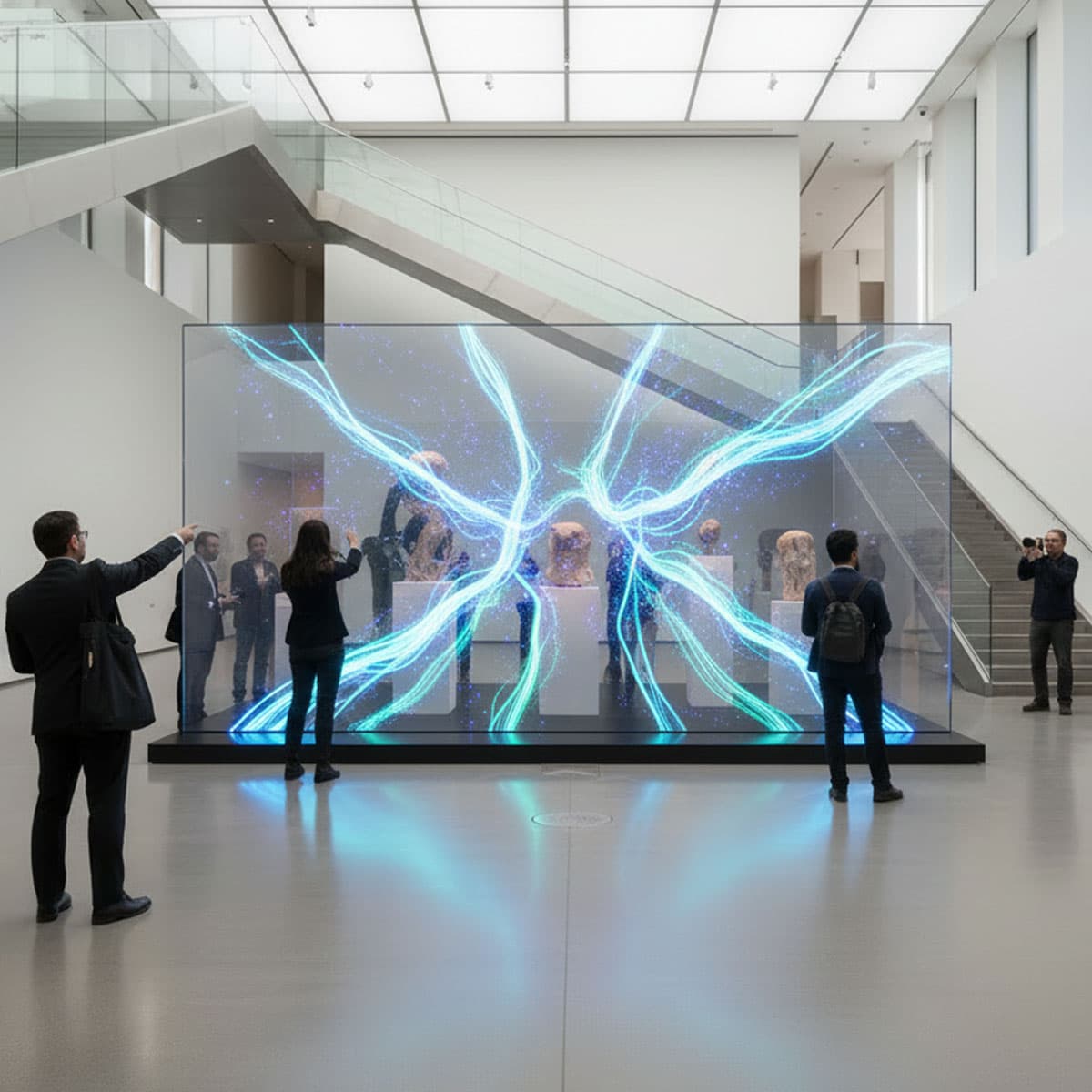 People interacting with a large digital display in a modern indoor setting